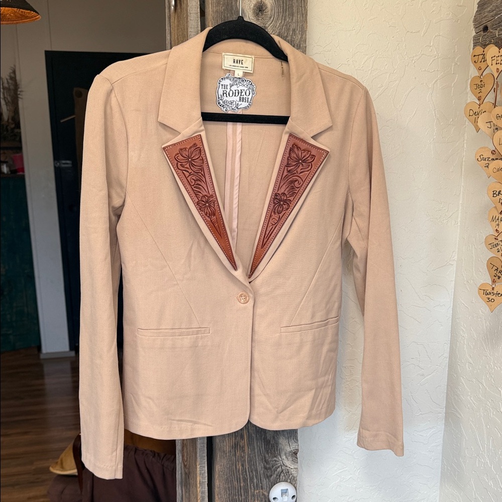 Women's Beige Blazer with tooled leather Brown Lapels